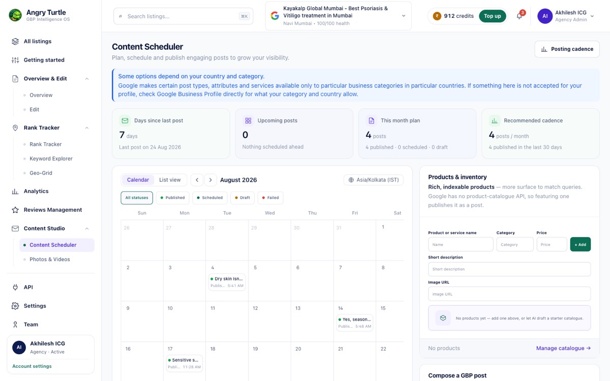 Content calendar with a month view and a scheduling panel to plan and publish Google posts