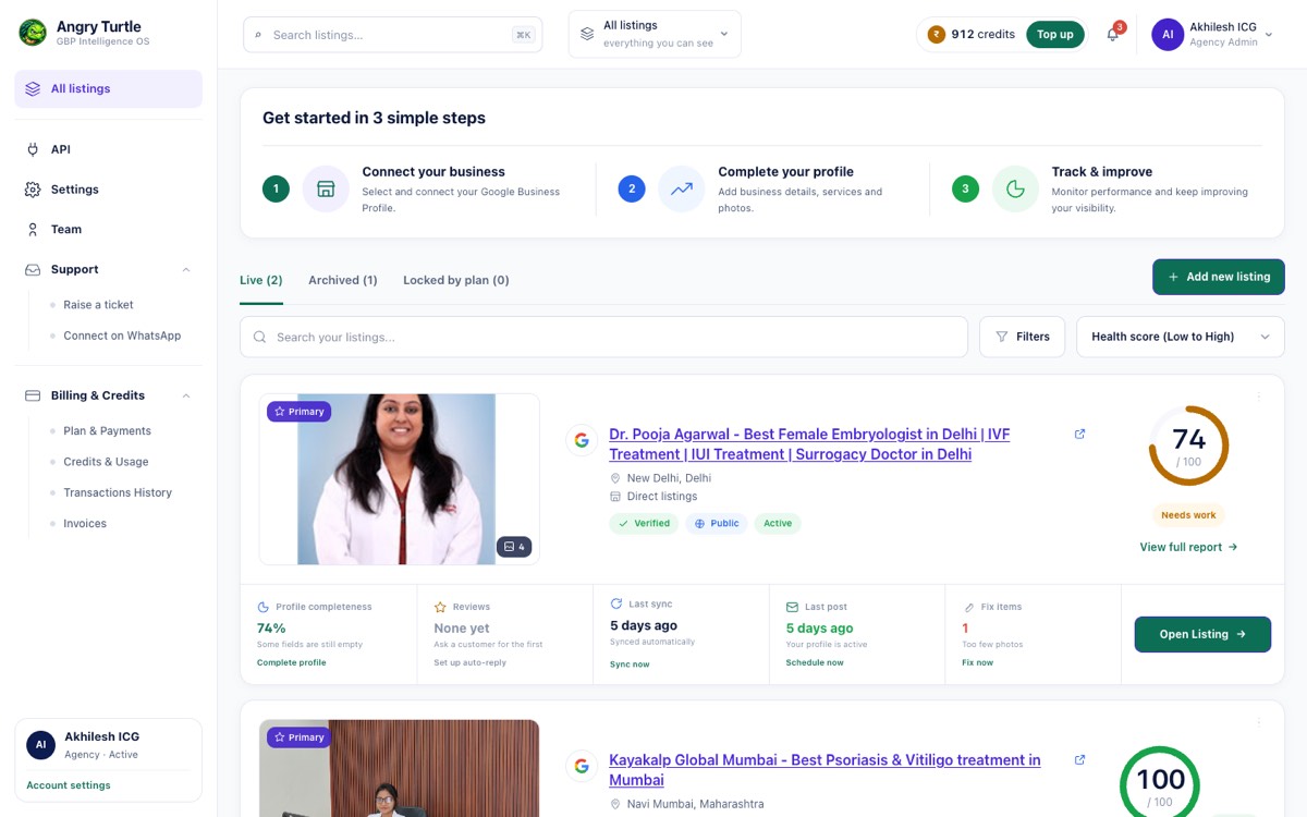 All listings view showing each Google Business Profile with its health score, city and last-checked date