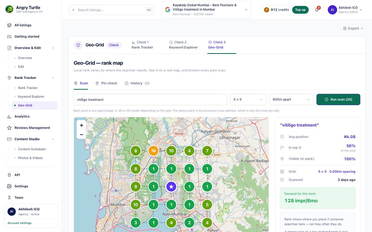 Geo-grid heat map showing rank position across a grid of points around the business location
