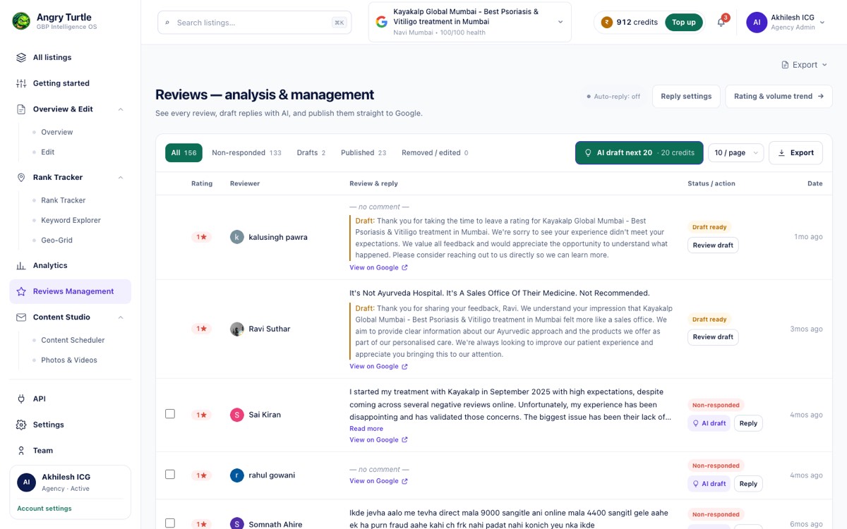 Reviews management screen with AI-drafted replies ready to publish to Google