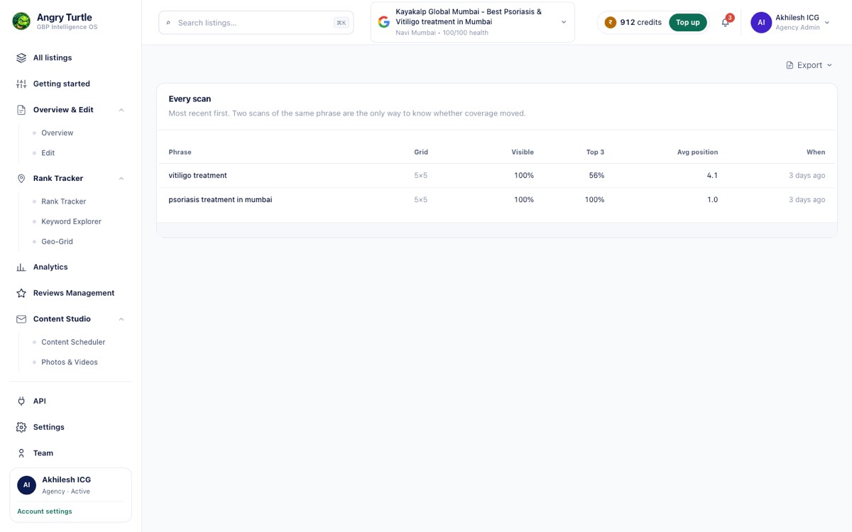 Scan history list showing every previous check of the listing with dates